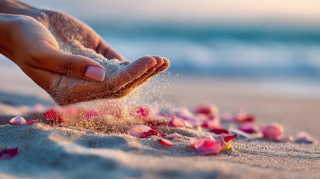 A pair of female hands gently release sand onto a bed of scattered flower petals on the beach at golden hour, evoking peace, emotion, and serenity. Copy space included.