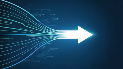 Dynamic digital stream converges into a powerful white arrow symbolizing innovation and forward momentum