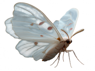 Elegant pale white moth with delicate translucent wings and reddish eye spots isolated on transparent background