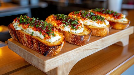Fototapeta premium A zoomed-in image of a bread platter with various toppings, accompanied by a wine bottle in the backdrop