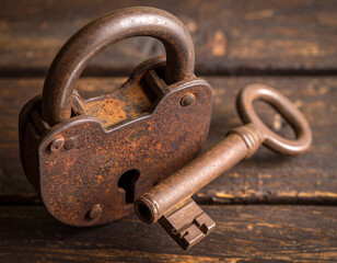 Antique Rusty Padlock and Key on Weathered Wooden Surface