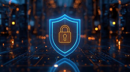 Futuristic Cybersecurity Shield Emblem in High-Tech Digital Environment