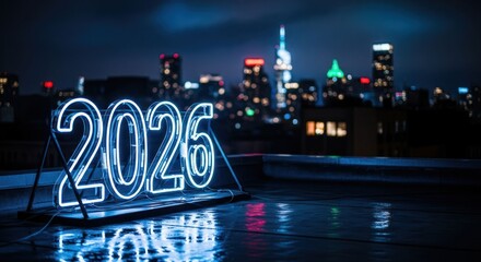Neon 2026 over city skyline at night