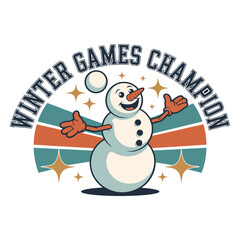 Winter games champion badge, snowman with laurels and stars, retro sports sticker, playful holiday award graphic, vintage vector emblem design