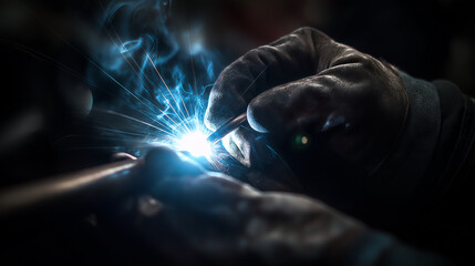 A focused and detailed photograph of a welder's hands gripping the torch, with the intense light of the arc casting sharp shadows and highlighting the intricate welds, background slightly out of focus