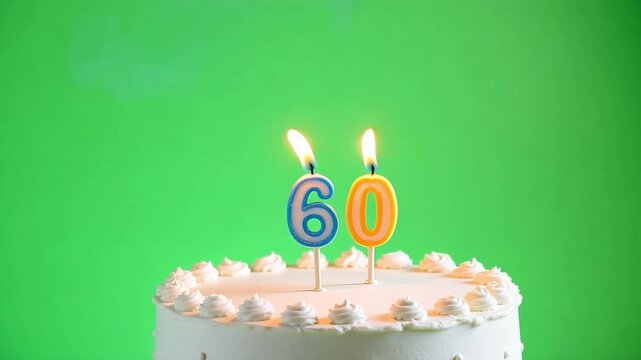 Celebrate a milestone 60th birthday with this festive cake featuring lit candles and cheerful frosting details on a vibrant green background.