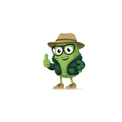Cartoon avocado character wearing a hat and glasses giving a thumbs up with a friendly expression on its face