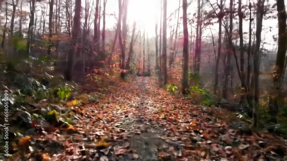 Poster path through colorful trees in an autumn forest landscape scene