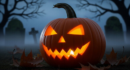 Halloween scene with a glowing jack-o'-lantern and a graveyard