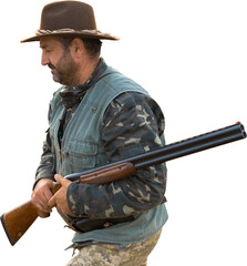Mature hunter man holding a shotgun and walking through a field