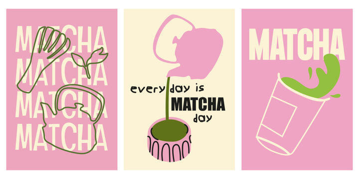 Abstract matcha posters in cartoon retro style. Matcha latte, whisk, kettle. Bright posters for baristas, kitchen, wallpaper, walls and postcards. Vector illustration