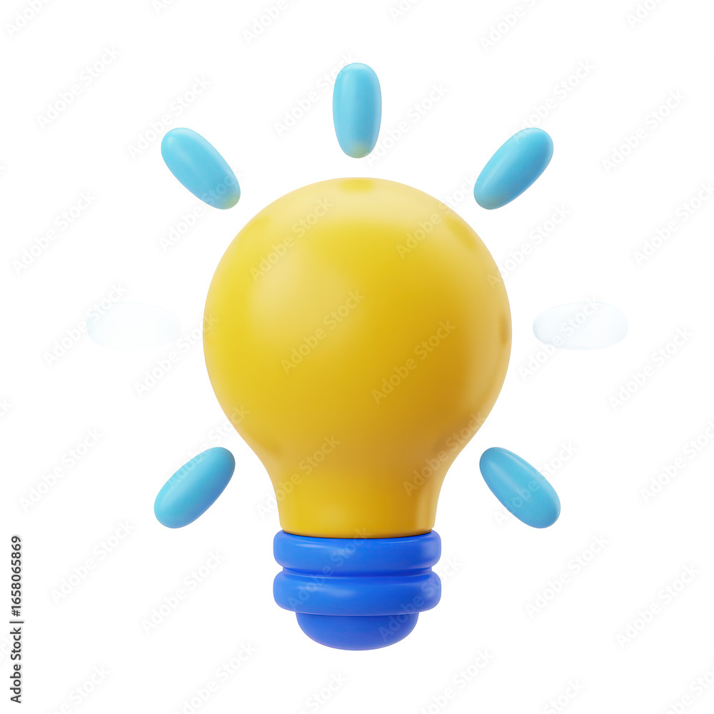 Poster bright yellow lightbulb with blue rays of illumination symbolizing a new idea or innovation isolated