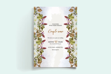 WEDDING INVITATION FRAME WITH FLOWER DECORATIONS AND FRESH LEAVES
