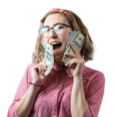 Closeup of young beautiful woman in a red plaid shirt in glasses with american dollars money in hand over gray background.