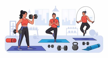 Diverse individuals engage in various fitness activities, including weightlifting, yoga, and jump rope, within a modern gym setting.