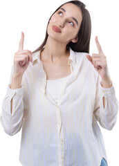 Happy young caucasian female in a shirt pointing fingers away