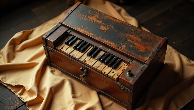 Antique wooden harmonium keyboard on a golden cloth, a forgotten melody from the past.