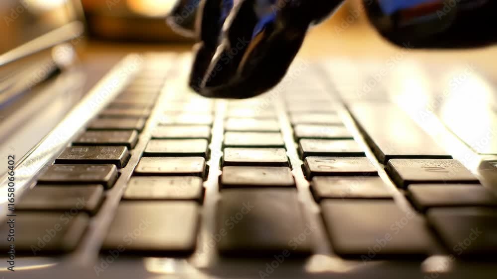 Aufkleber typing on a computer keyboard in the golden hour light