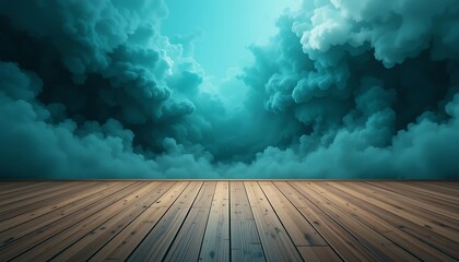 blue sky and clouds with a wooden floor