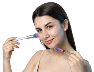Close-up of a young girl in a light top on a white background making a facial make-up. A pretty woman holds a cosmetic brush near her face and smiles.