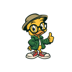 Cartoon duck character wearing glasses hat and jacket giving a thumbs up gesture with a positive expression