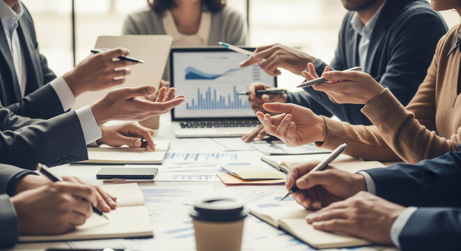 A business meeting with a team discussing something. - Powered by Adobe