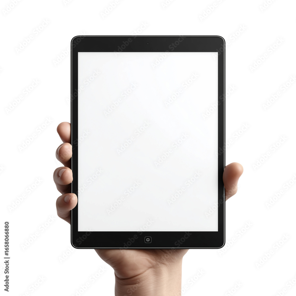 Poster hand holding a modern tablet computer with a blank white screen isolated on transparent background