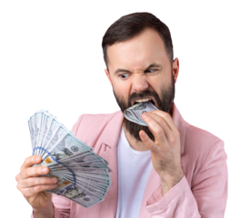 Portrait of a contented young businessman with a beard dressed in a pink jacket showing us dollar banknotes against a red studio background. Taste, smell of money.