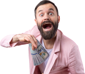 Portrait of a contented young businessman with a beard dressed in a pink jacket showing us dollar banknotes against a red studio background. Taste, smell of money.
