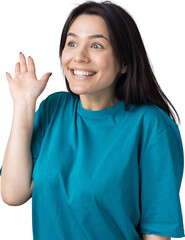 Smiling woman  raised her hand palm up and forward like waving.