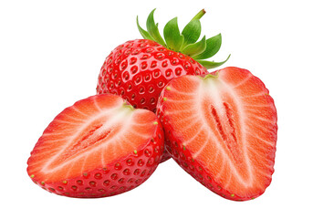 Fresh ripe strawberries, one whole and two halves, showcasing their vibrant red color and juicy texture, isolated on a transparent background