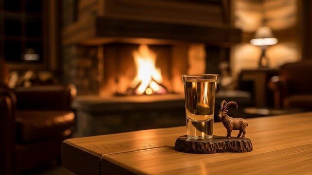 Alpine genepi liqueur shot on a wooden table with a cozy fireplace in a mountain ski lodge