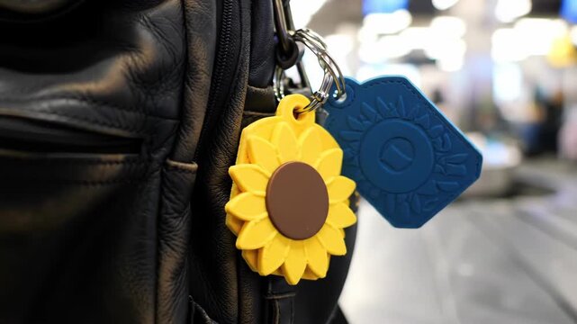 Black backpack with sunflower keychain and luggage tag, closeup