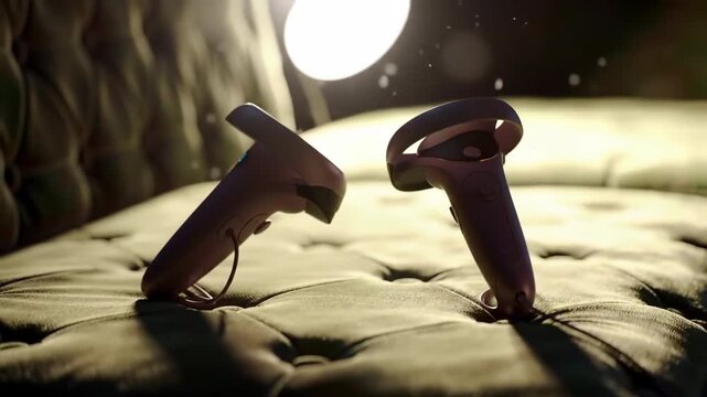Virtual reality controllers sit on a couch under a spotlight