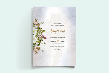 WEDDING INVITATION FRAME WITH FLOWER DECORATIONS AND FRESH LEAVES
