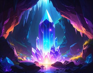 Vibrant crystal in a mystical cave