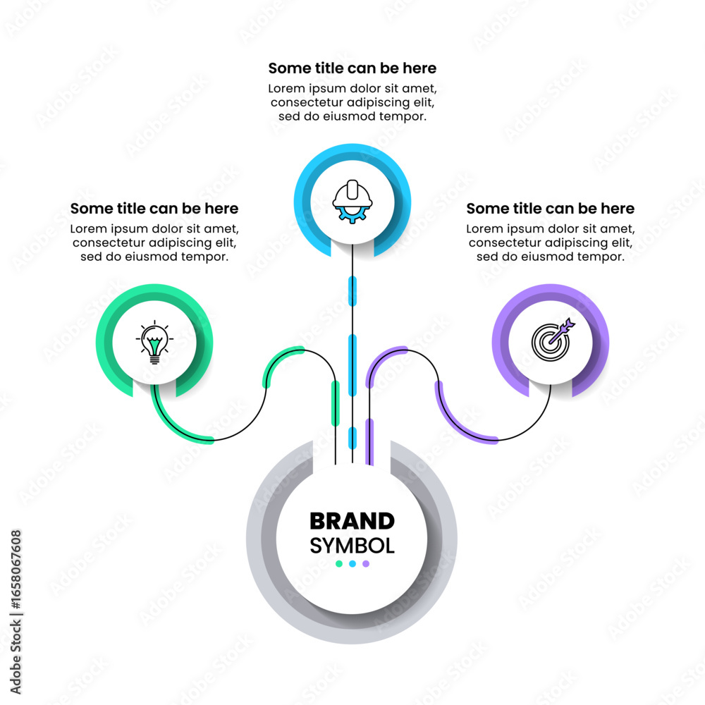 Poster infographic template. 3 circles connected by a line with data flow