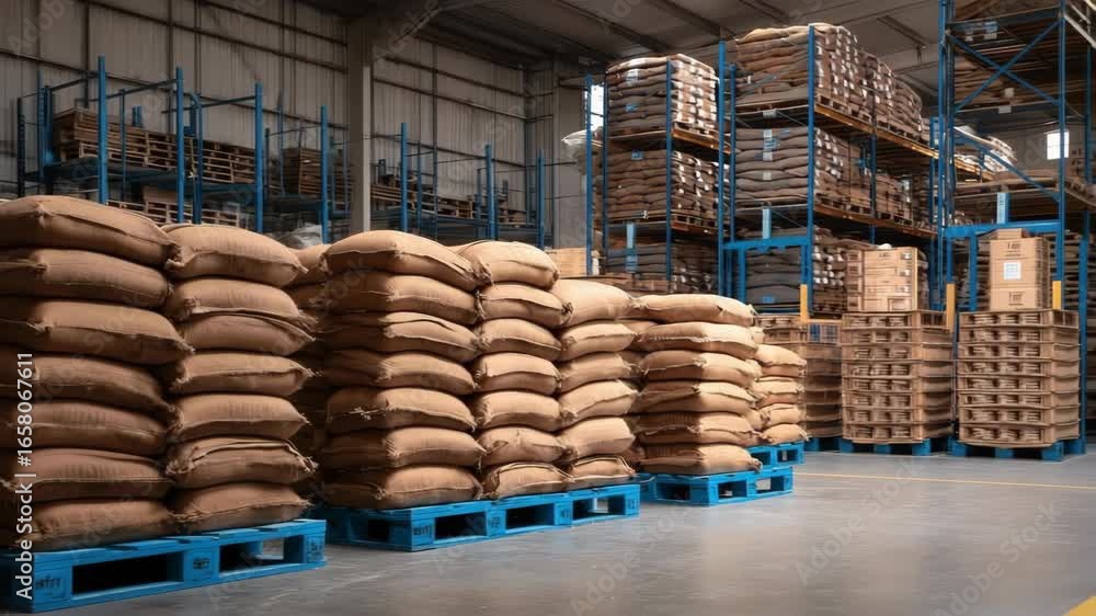 Poster storage solutions: sacks piled high on pallets in a large warehouse, showcasing efficient space util