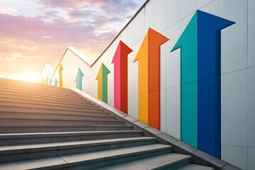 Staircase with Colorful Upward Arrows and Sunset Sky stairs colorful arrows