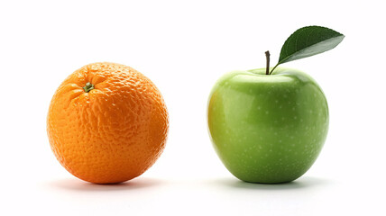 Juicy orange and crisp green apple with leaf, vibrant healthy fruits for your next project