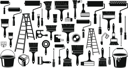 Set of painting and decorating tool silhouette icons including brushes, rollers, buckets, ladders, and accessories © allustra