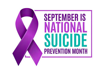 A vibrant purple ribbon is depicted with text conveying a crucial message for mental health, support, and widespread prevention.
