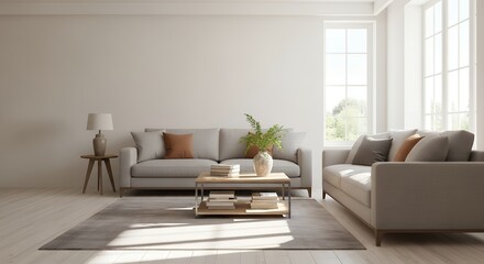 Fototapeta premium Serene modern living room bathed in natural light, showcasing comfortable sofas and elegant decor