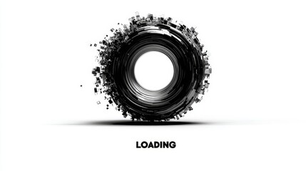 Abstract circular loading animation with black particles and text on light background.