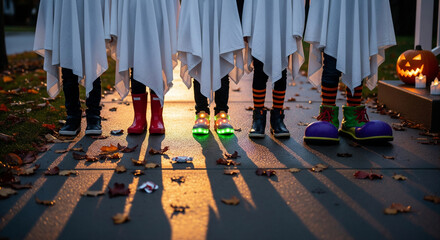 The shadows of children dressed up for Halloween stretching out at their feet