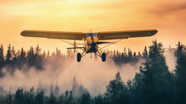 A yellow plane flies low over a mist covered forest during sunrise, showcasing the peaceful early morning atmosphere