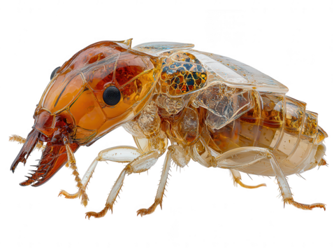 Detailed amber insect specimen with intricate internal structures isolated on transparent background