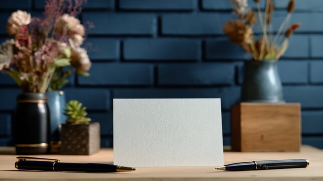 Blank card centered on a desk, pens, flowers and blue brick background