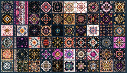 A vibrant collection of 60 diverse square patterned designs, rich in color and geometric detail