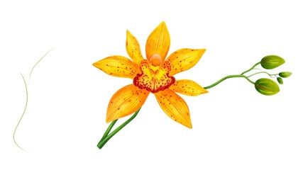 Vibrant Yellow Orchid Flower with Delicate Petals and Buds on White Background.